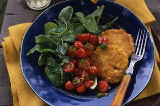 Corn Fritters with Arugula and Warm Tomato Salad