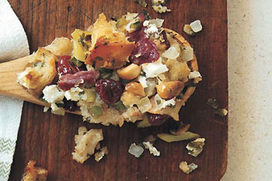Country Bread Stuffing with Smoked Ham, Goat Cheese, and Dried Cherries