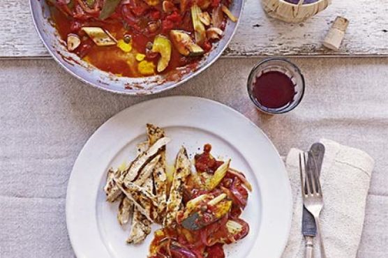 Courgette caponata with thyme & garlic chicken