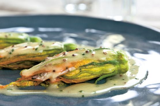 Crab-Stuffed Zucchini Flowers with Mustard Butter Sauce