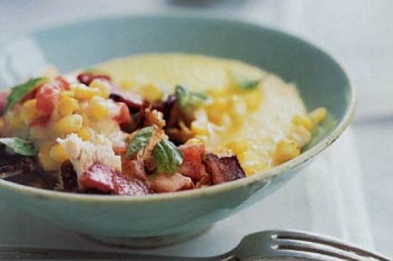 Creamed Chicken with Corn and Bacon Over Polenta