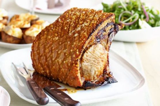 Crisp roast pork with honey mustard gravy