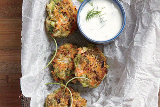 Crispy Broccoli-Carrot Fritters with Yogurt-Dill Sauce
