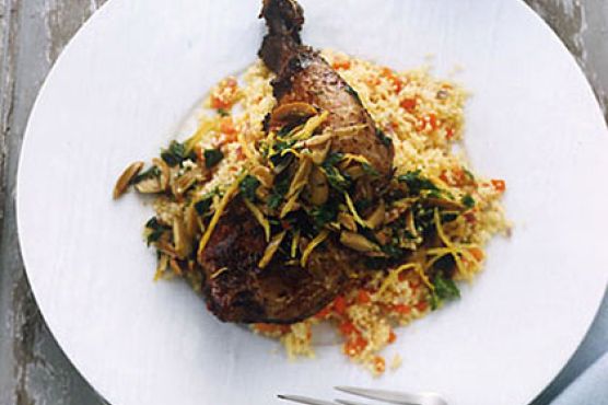Crispy Chicken Leg Confit with Couscous and Olives