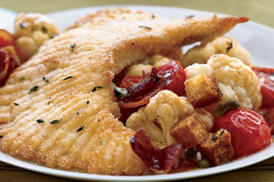 Crispy Skate with Cauliflower, Bacon, Capers, and Croutons