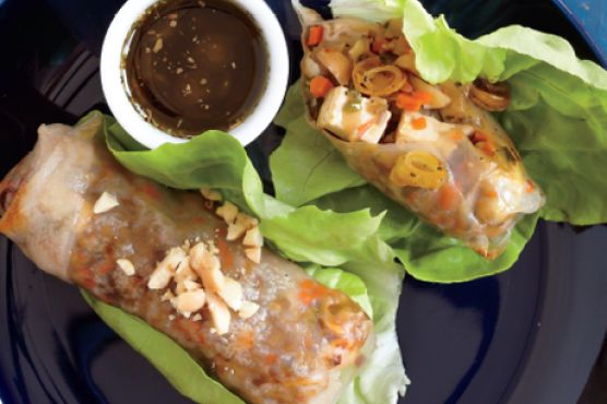 Crispy Spring Rolls with Spicy Tofu, Vegetables, and Toasted Nuts