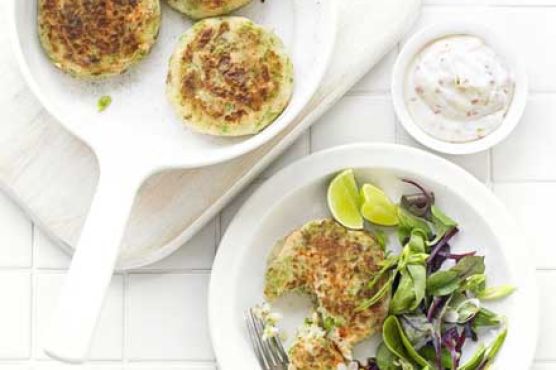 Crushed pea fish cakes with chilli-lime mayo