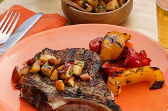 Cumin-Crusted Monster Pork Chop with Peach Chipotle Salsa