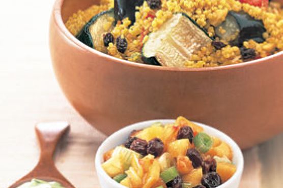 Curried Couscous with Roasted Vegetables, Peach Chutney, and Cilantro Yogurt