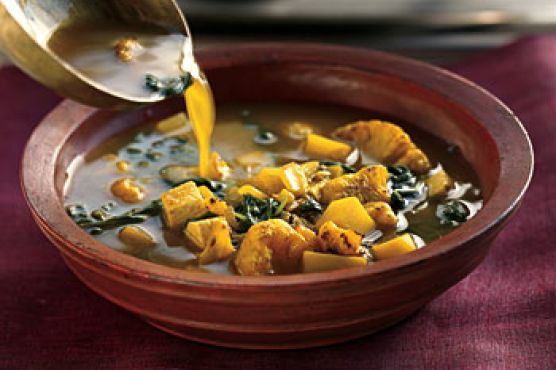 Curried Potato and Spinach Soup with Onion Salsa and Minted Yogurt