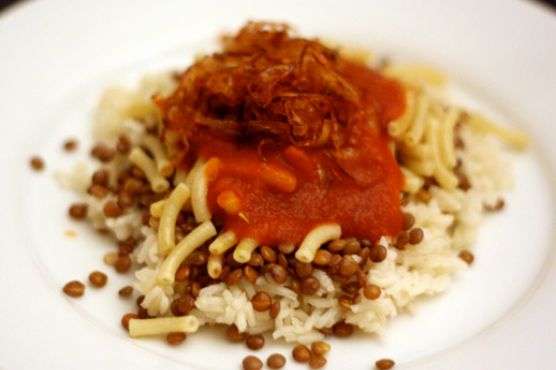 Dinner Tonight: Koshary (Rice, Lentils, and Pasta with Tomato Garlic Sauce)