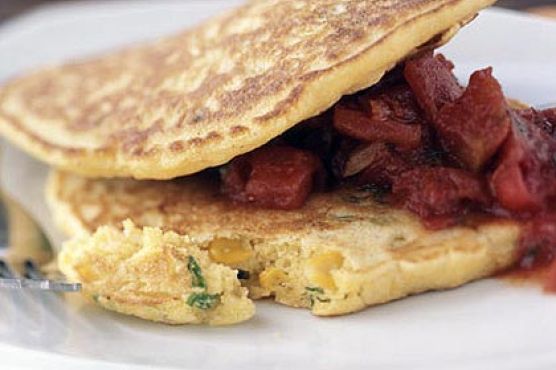 Double Corn Pancakes with Jalapeño and Chunky Tex-Mex Tomato Sauce