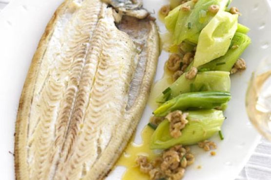 Dover sole with buttered leeks & shrimps
