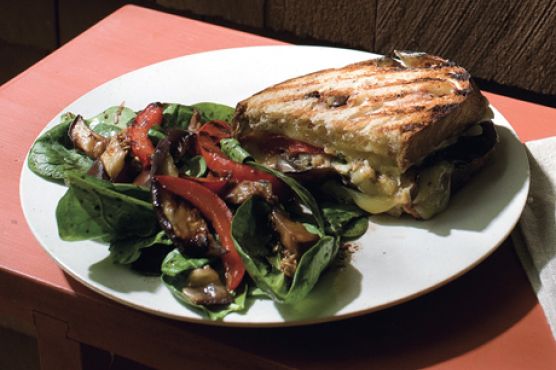 Eggplant, Red Pepper, and Fontina Panini with Spinach Salad