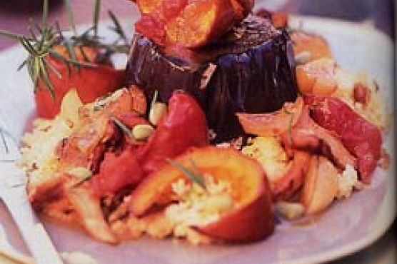 Eggplant Steaks with Pumpkin, Tomato, and Mushroom Ragoût
