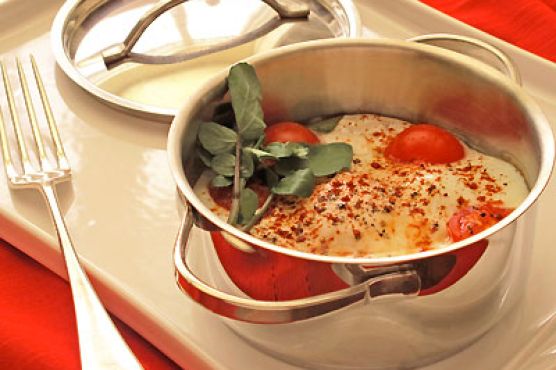 Eggs Baked in Yogurt with Spinach, Tomatoes & Watercress