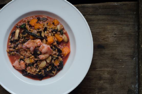 Einkorn and Spotted Shrimp Risotto with Butternut Squash and Almonds