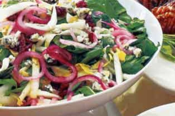 Endive and Arugula Salad with Pickled Onions and Blue Cheese