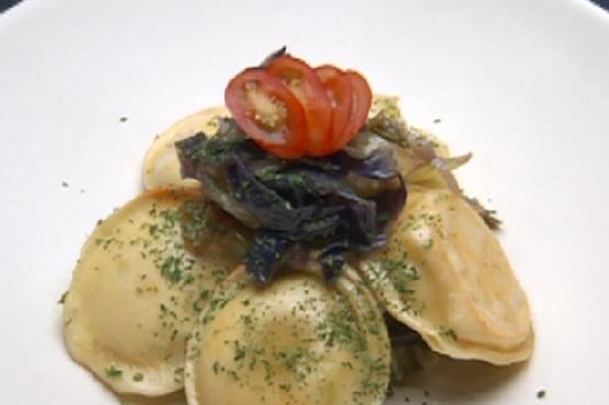 Faux Pierogi over Cabbage and Potatoes O'Brien