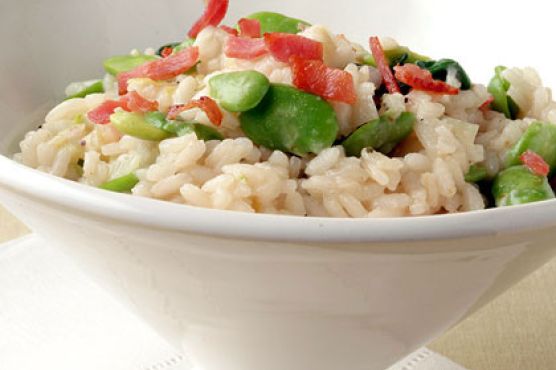 Fava Bean Risotto with Fresh Mozzarella and Prosciutto