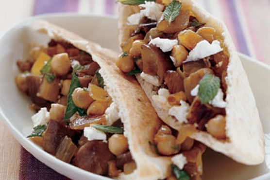 Feta, Garbanzo Bean, and Eggplant Pita Sandwiches