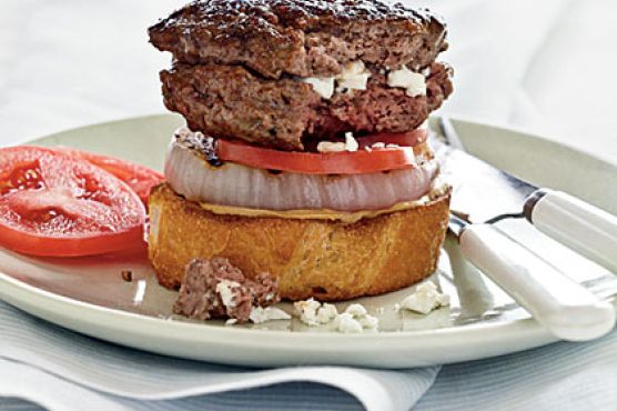 Feta-Stuffed Burgers with Grilled Onion on Sourdough