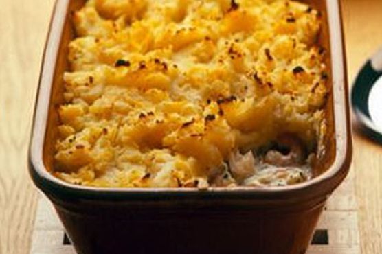 Fish pie with swede & potato topping