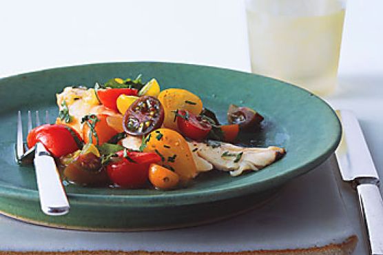 Fish with Curried Cucumber Tomato Water and Tomato Herb Salad
