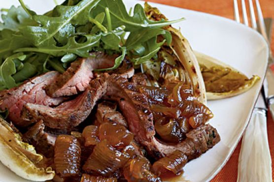 Flank Steak with Roasted Endive, Spring Onion Agrodolce, and Arugula