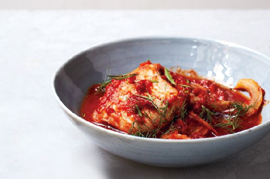 Flounder Poached in Fennel-Tomato Sauce