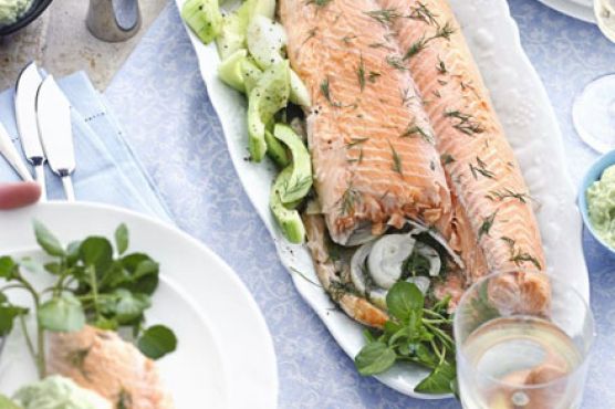 Foil-poached salmon with dill & avocado mayo