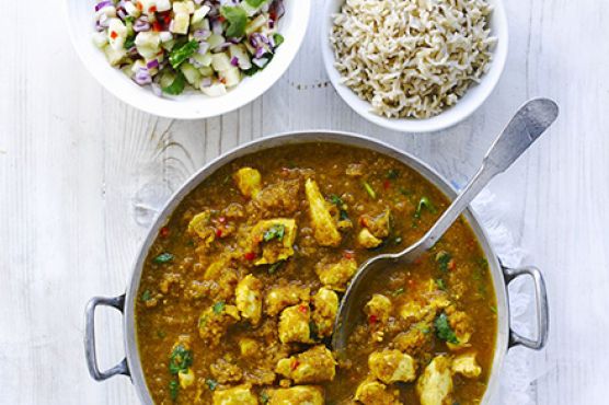 Fragrant spiced chicken with banana sambal