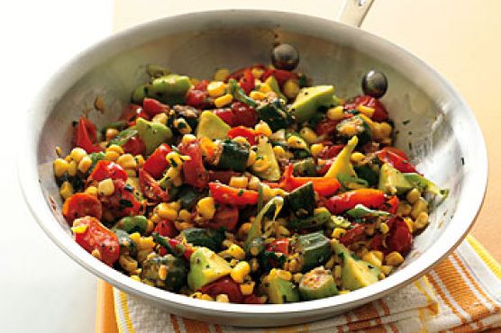 Fresh Corn Sauté with Tomatoes, Squash, and Fried Okra