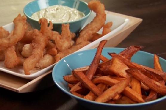 Fried Fish Bites with Sweet Potato Fries and Spicy Mayo