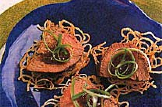 Ginger-Hoisin Beef and Scallions on Crispy Noodle Cakes