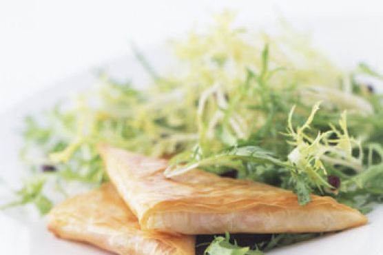 Goat Cheese and Red Pepper Phyllo Triangles with Olive Frisée Salad
