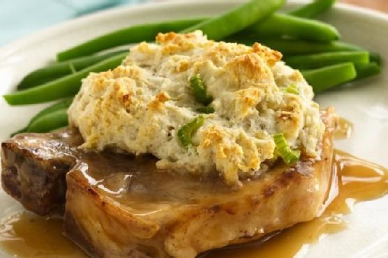 Gravy Pork Chops with Stuffing Biscuits