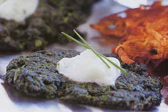 Greek-Herbed Spinach Latkes with Feta-Yogurt Sauce