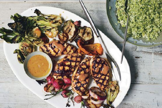 Grilled Asian Chicken with Bok Choy, Shiitake Mushrooms, and Radishes