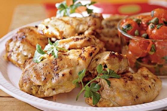 Grilled Chicken Thighs with Roasted Grape Tomatoes