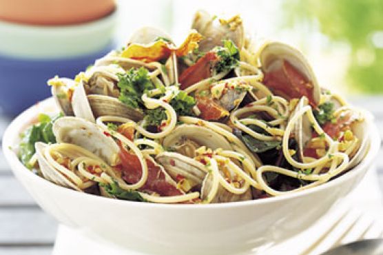 Grilled Clams with Spaghetti, Prosciutto, and Mixed Greens