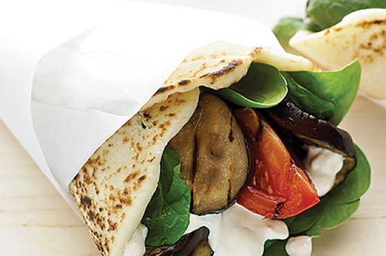 Grilled Eggplant Naan Wraps with Tahini-Yogurt Dressing