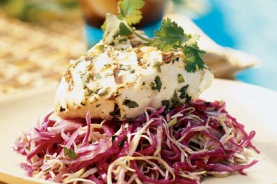 Grilled Fish on Cilantro-Chili Slaw