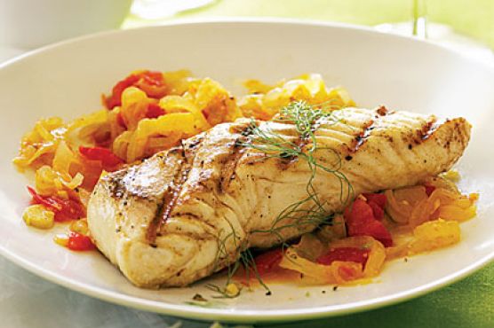 Grilled Halibut with Fennel, Tomatoes, and Roasted Garlic Rouille