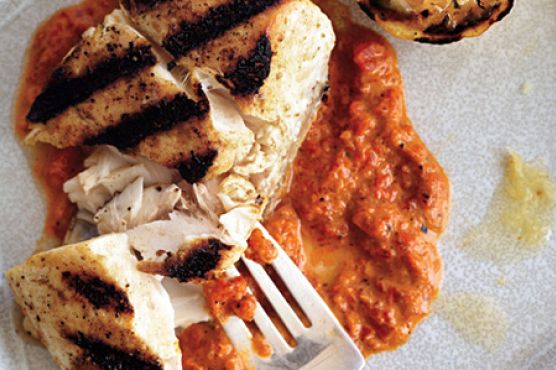Grilled Halibut with Grilled Red Pepper Harissa