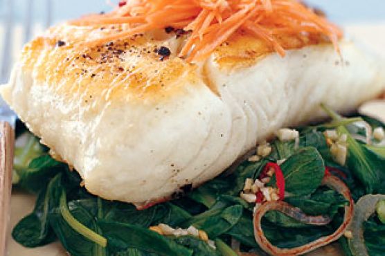Grilled Halibut with Tatsoi and Spicy Thai Chiles