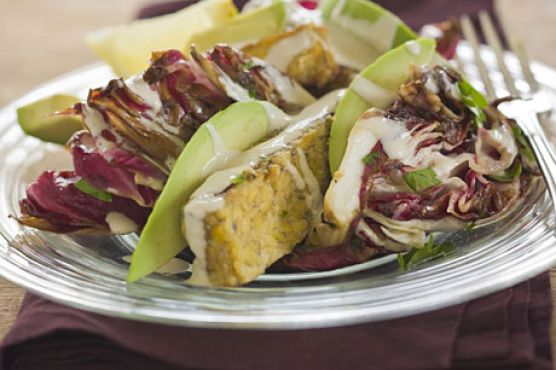 Grilled Marinated Tempeh Steak with Avocado, Radicchio, Orange Dressing, and Tahini