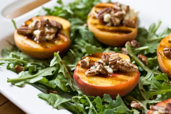 Grilled Peach Salad with Toasted Pecans, Blue Cheese and Honey Balsamic Syrup