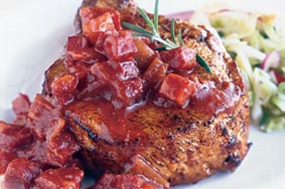 Grilled Pork Chops with Chunky Andouille Barbecue Sauce