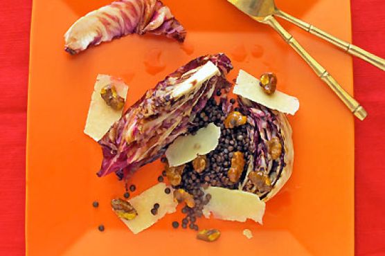 Grilled Radicchio Wedge Salad with Lentils, Honey & Spiced Walnuts